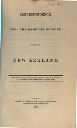 Correspondence with the secretary of state relative to New Zealand
