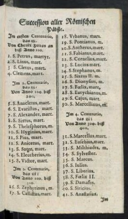Succession aller Römischen Päbste.