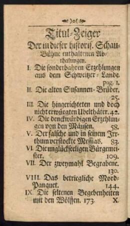 Titul-Zeiger Der in dieser historis. Schaubühne enthaltenen Abtheilungen.