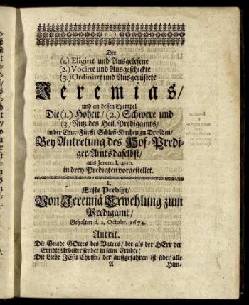 I. Predigt/ Von Jeremia Erwehlung zum Predigamt.