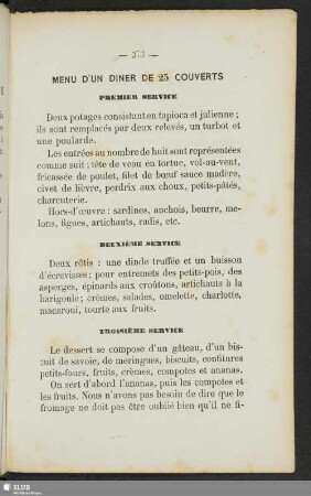 Menu d'un diner de 25 couverts