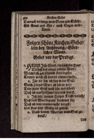 Folgen schöne Kirchen-Gebetlein bey Anhörung/ Göttliches Worts.