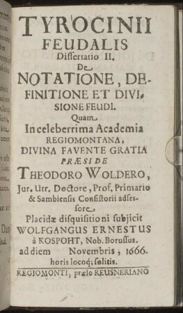 Tyrocinii Feudalis Dissertatio II, De Notatione Definitione Et Divisione Feudi ...