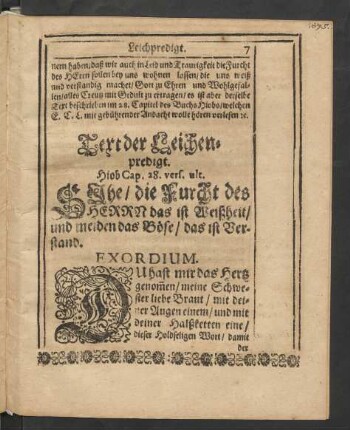 Text der Leichenpredigt. Hiob Cap. 28. vers. ult.