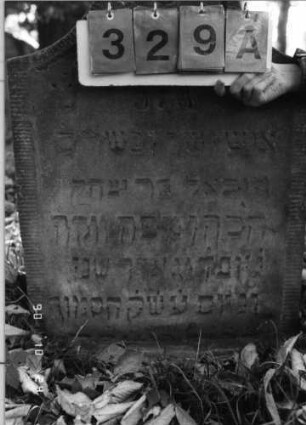 Grabstein 329 (Index: 100115819) Material: Sandstein Zustand: verwittert, teilweise im Boden versunken mit Textverlust Maße HxBxT: 86x59x8 cm Beschreibung: Stele mit konkav eingezogenem Segmentbogenabschluß, eingetieftes Schriftfeld Symbolik: Cohanim-Hände, Blüte: Grabstein 329A