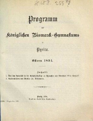 Programm des Königlichen Bismarck-Gymnasiums zu Pyritz : Ostern .... 1893/94