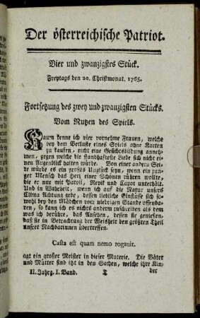 Vier und zwanzigstes Stück. Freytags den 20. Christmonat. 1765. - Acht und zwanzigstes Stück. Freytags den 3. Jenner. 1765