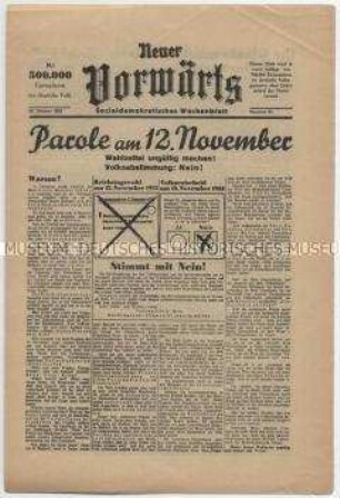 Exilausgabe der SPD-Organs "Vorwärts" zur "Reichstagswahl" und Volksabstimmung am 12. November 1933