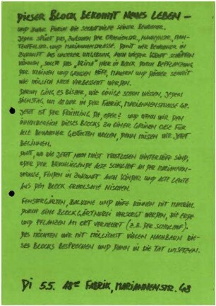 Flugschrift: Dieser Block bekommt neues Leben