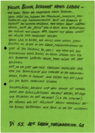 Flugschrift: Dieser Block bekommt neues               Leben