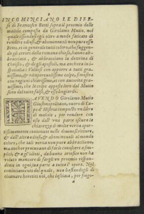 Incominciano Le Difese di Francesco Betti sopra il proemio delle malitie composte da Girolamo Mutio ...