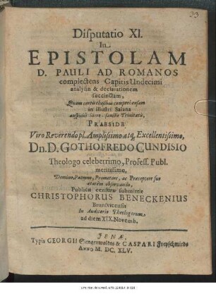 Disputatio XI. In Epistolam D. Pauli Ad Romanos complectens Capitis Undecimi analysin & declarationem succinctam