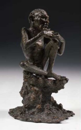 Alexandrinisch-hellenistische Statuette eines auf einem Felsen sitzenden buckligen Bettlers