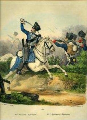 Uniformdarstellung, Husar des 12. Husaren-Regiments zu Pferd, Infanteristen des 32. Infanterie-Regiments im Angriff, Preußen 1830. Aus: Elzholz u.a.: Das Preussische Heer. Tafel 40.