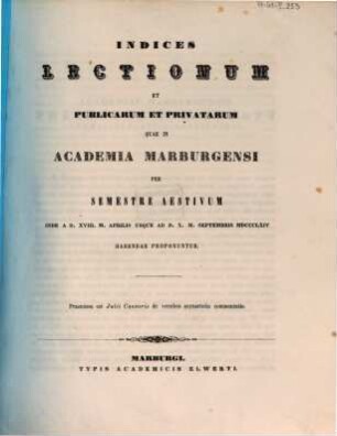 Indices lectionum et publicarum et privatarum quae in Academia Marpurgensi ... habendae proponuntur. 1864. SS.