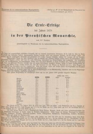 1870: Die Ernte-Erträge des Jahres 1870 in der Preußischen Monarchie