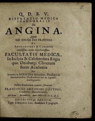 Disputatio Medica Inauguralis De Angina