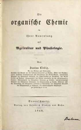 Die organische Chemie in ihrer Anwendung auf Agricultur und Physiologie