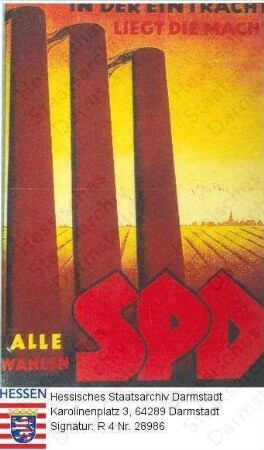 Deutschland (Bundesrepublik), 1949 August 14 / Wahlplakat der SPD (Sozialdemokratische Partei Deutschlands) zur Bundestagswahl am 14. August 1949 / 3 braune, rauchende Schlote vor gelbem Weizenfeld, im Hintergrund Dorfsilhouette