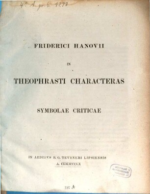 In Theophrasti Characteras symbolae criticae. (Pars 1)