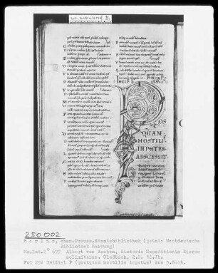 Albert von Aachen, Historia Expeditionis Hierosolymitanae (Chronik des ersten Kreuzzuges) — Initiale P (ostquam hostilis impetus) mit Bogenschütze, Folio 25 verso