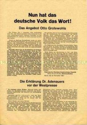 Flugschrift mit dem Text des Schreibens von Otto Grotewohl an Bundeskanzler Adenauer über Verhandlungen zur Bildung eines gesamtdeutschen Konstituierenden Rates und der Stellungsnahme Adenauers dazu
