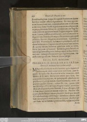 Epist. XIX. Mediolanum. Frederico Borromaeo, S. R. E. Cardinali, & Archiepiscopo Mediolanensi.