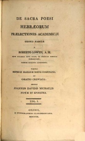 De sacra poesi Hebraeorum praelectiones academicae. 1