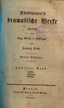Shakspeare's dramatische Werke, 12. Othello. Cymbeline. Macbeth