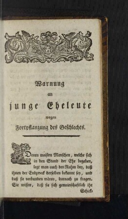 Warnung an junge Eheleute wegen Fortpflanzung des Geschlechts.