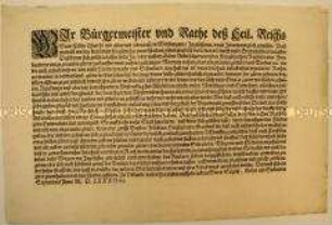 Der Rat der Stadt Köln erlässt ein strenges Verbot, Kriegsbeute in die Stadt einzuführen oder sich am Handel mit Kriegsbeute zu beteiligen. Köln, 7. September 1588.