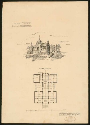 Landhaus Dunder, Baku: Perspektivische Ansicht und Grundriss 1:50