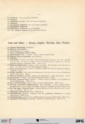 Gold und Silber. - Bronze, Kupfer, Messing, Zinn, Waffen (Nr. 144-308)