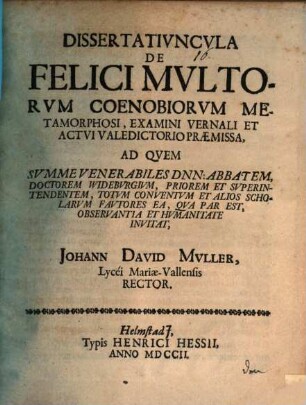 Dissertatiuncula de felici multorum coenobiorum metamorphosi