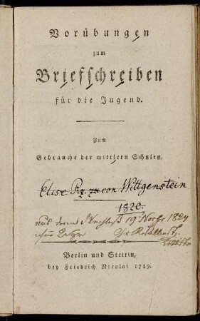 Vorübungen zum Briefschreiben für die Jugend : Zum Gebrauche der mittlern Schulen