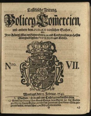 Nro. VII, Montags, den 13. Februar 1741