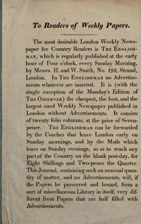Address to Readers of Weekly Papers (concerning The English man)