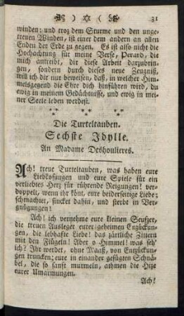 Die Turteltauben. Sechste Idylle. An Madame Deshoulieres