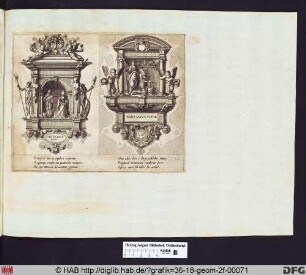 Zwei Epitaphe, links ein kniendes Paar, rechts ein Mann in Rüstung, der neben einem Schutzheiligen kniet.