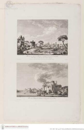 Blatt mit zwei Drucken; oben: Blick auf Brindisi; unten: Blick auf das Kastell von Brindisi