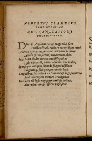 Albertus Clampius Iano Gulielmo De Translatione Phoenissarum