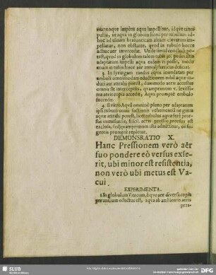 Demonstratio X. Hanc Pressionem vero aer suo pondere eo versus exserit, ubi minor est resistentia, non vero ubi metus est Vacui