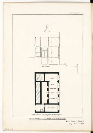 Ateliergebäude Monatskonkurrenz April 1904: Grundriss Keller, Querschnitt; Maßstabsleiste