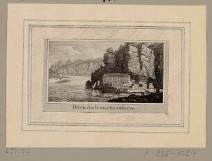 Das Elbtal mit Herrnskretschen (Hřensko, Tschechien) in der Böhmischen Schweiz, rechts die Mündung der Kamnitz vor dem Herrenhaus und Felsen, Ausschnitt aus Bilderbogen