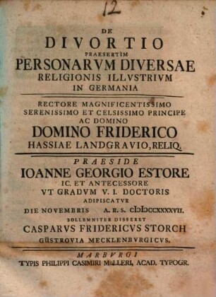 De Divortio Praesertim Personarvm Diversae Religionis Illustrivm In Germania