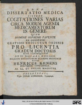 Dissertatio Medica Sistens Cogitationes Varias Circa Modum Agendi Medicamentorum In Genere