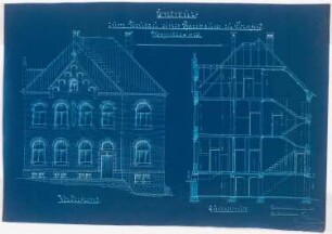 Pfarrhaus zu St. Barbara, Dortmund-Dorstfeld: Aufriss der Vorderfront und Querschnitt 1:50