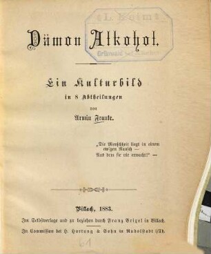 Dämon Alkohol : Ein Kulturbild in 8 Abtheilungen