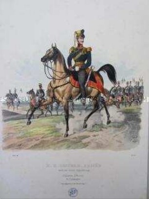 Uniformdarstellung, Offizier und Mannschaft des Ulanen-Regiments in Feld-Uniform zu Pferd, Österreich, 1840. Tafel aus: Trentsensky: K.K. Oesterreichische Armée nach der neuen Adjustirung.