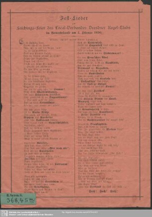 Festlieder zur Faschings-Feier des Local-Verbandes Dresdner Kegel-Clubs im Gewerbehause am 4. Februar 1890